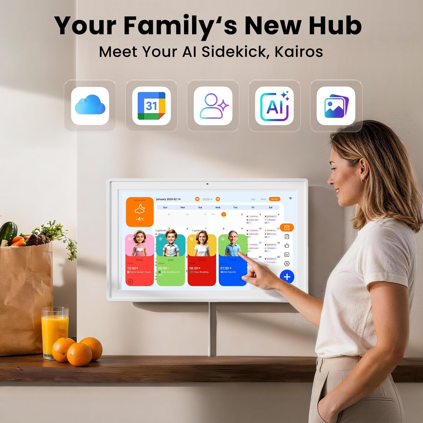 Pastigio Digital Calendar, 15.6'' Wall Touch Screen Planner, No Subscription, Smart AI Family Electronic Calendar, Chore Chart with Tasks Rewards for Kids, Digital Photo Frame, Wall & Desk Mountable