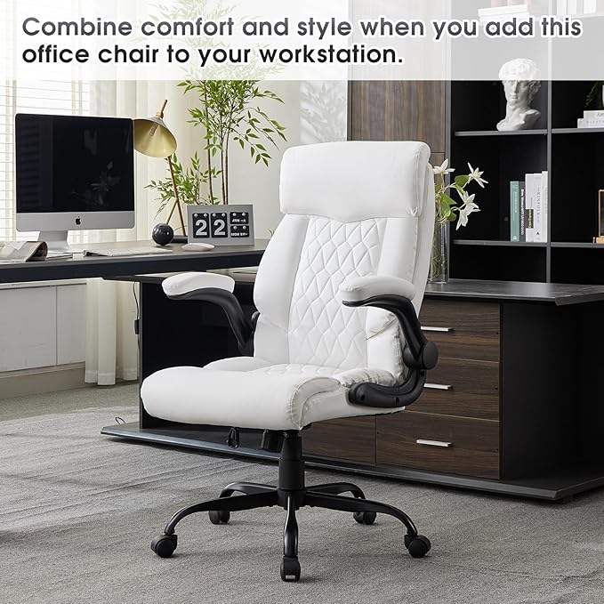 High Back Office Chair with Flip-up Armrests, Leather Comfy Desk Chair with