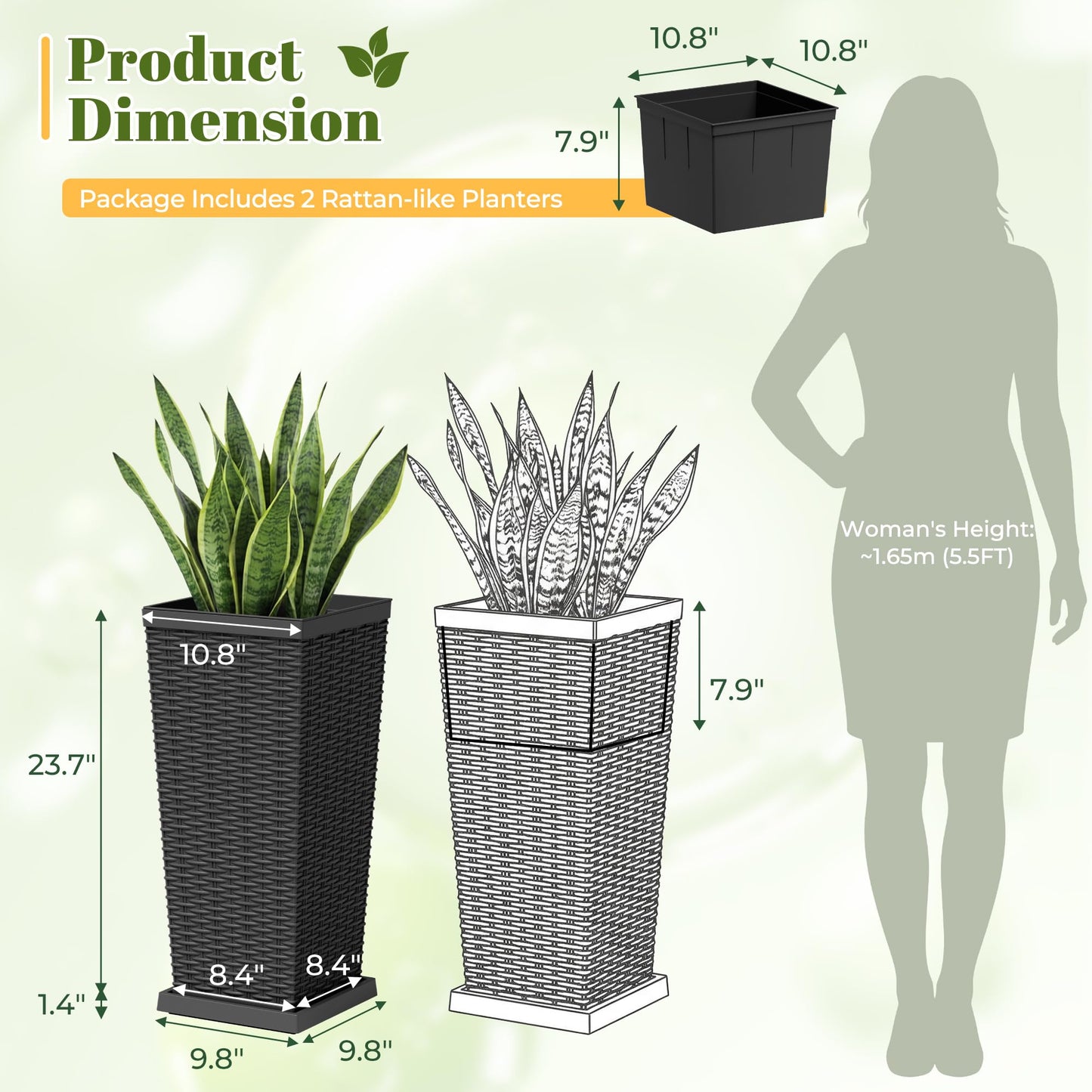 JUMMICO Set of 2 Resin Widened Tapered Planters, Rattan Texture Planters with Drainage Holes and Trays, Outdoor Flowers Pots for Plants, Porch & Patio Decor (Black, 24'' H, Inner & Outer Trays)
