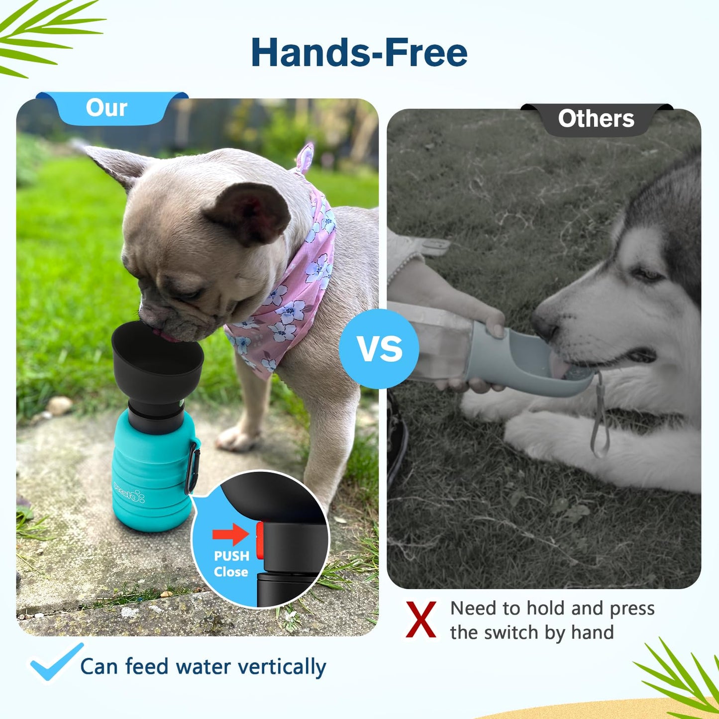 Pecute Dog Water Bottle Portable & Collapsible,17oz-29oz Water Dispenser with Folding Bowl, 5 Levels Capacity in 1,Carabiner Clip,100% Food Grade Silicone,Outdoor Walking,Hiking,Travel,Light Blue