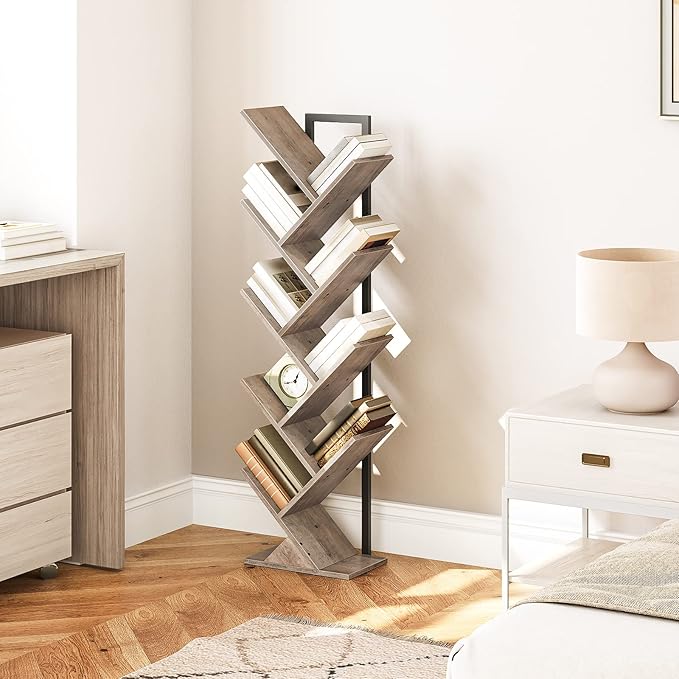 HOOBRO Tree Bookshelf, 9-Tier Bookcase Wooden Shelves, Floor Standing Storage