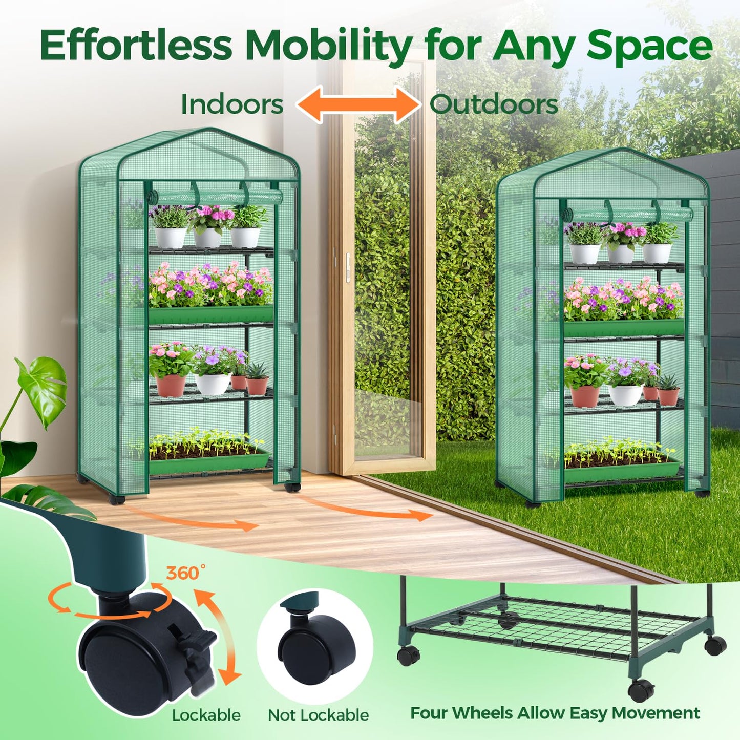 Ohuhu Small Greenhouse for Indoor Outdoor with Wheel, Portable Plastic Plant Green House 4-Tier Rack Stand Portable Greenhouses with Durable PE Cover for Seedling