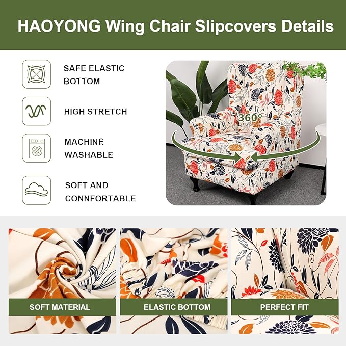 HAOYONG Wing Chair Slipcovers Printed Wingback Chair Covers 2 Pieces Wingback