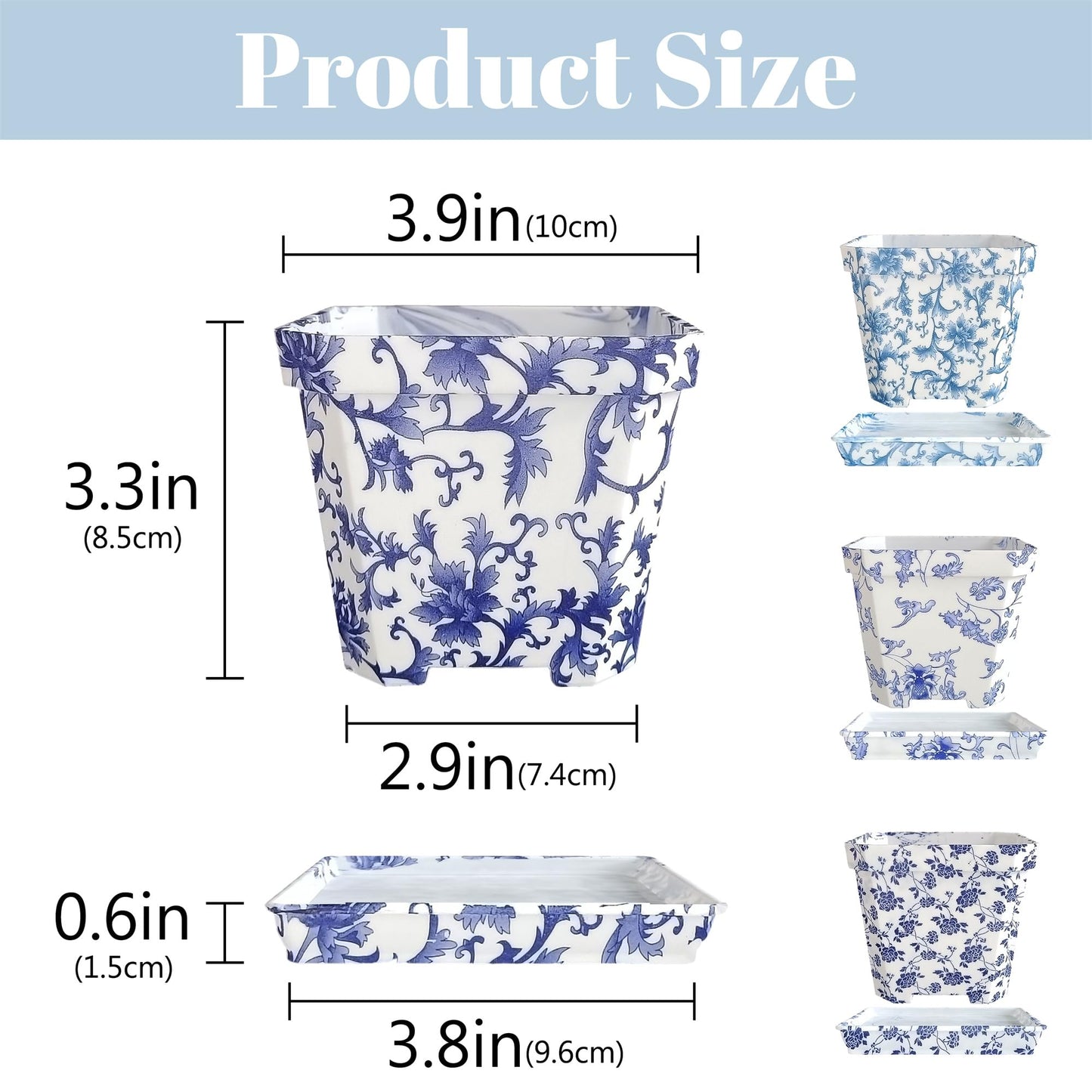 SEUCRWAX 4 Inch Plant Pots Square Plastic Decoration,Flower Pots Retro Design,Flower Pot with Drain Hole and Tray,for Outdoor Indoor Garden Valentine's Day Plants (Blue and White,4pcs)