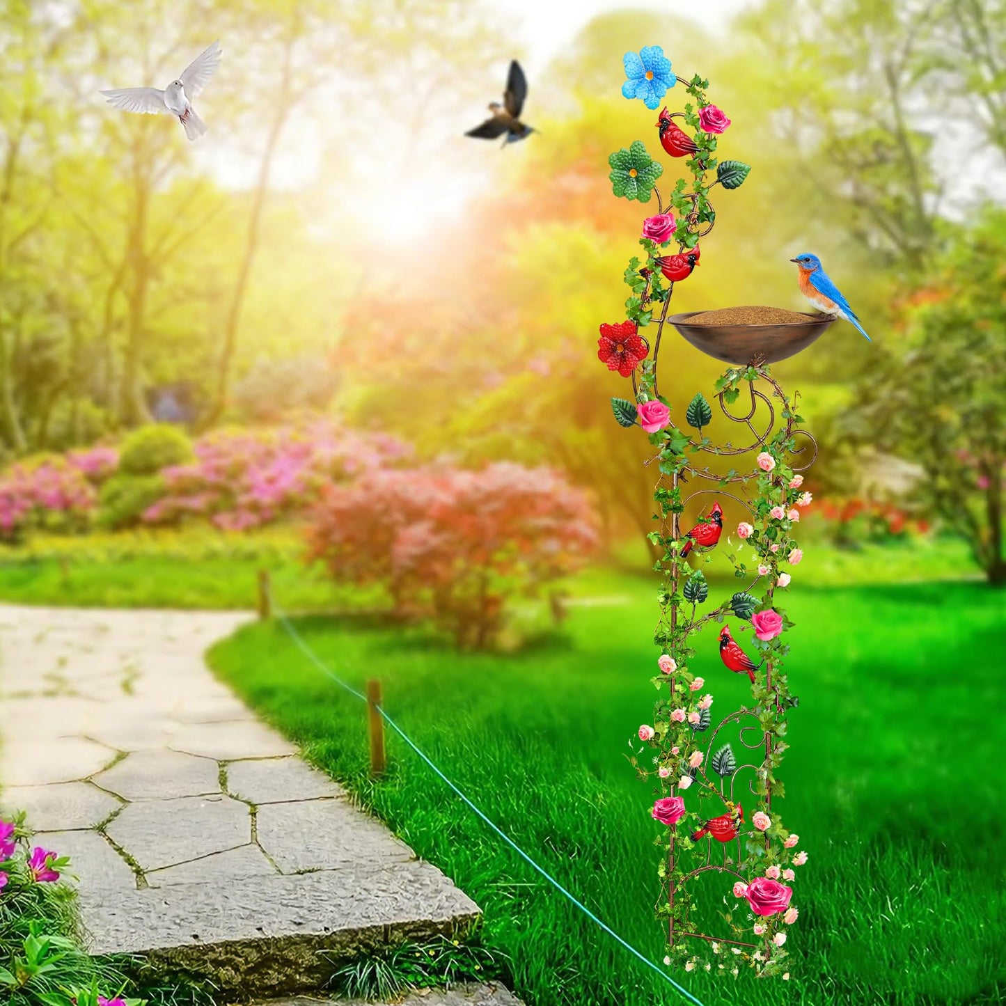 YADOOLIFE 57” Bird Bath with Garden Trellis for Climbing Plants Outdoor, Small Decorative Trellises Metal Birdbath Bird Baths, 1 Piece (Redbird)
