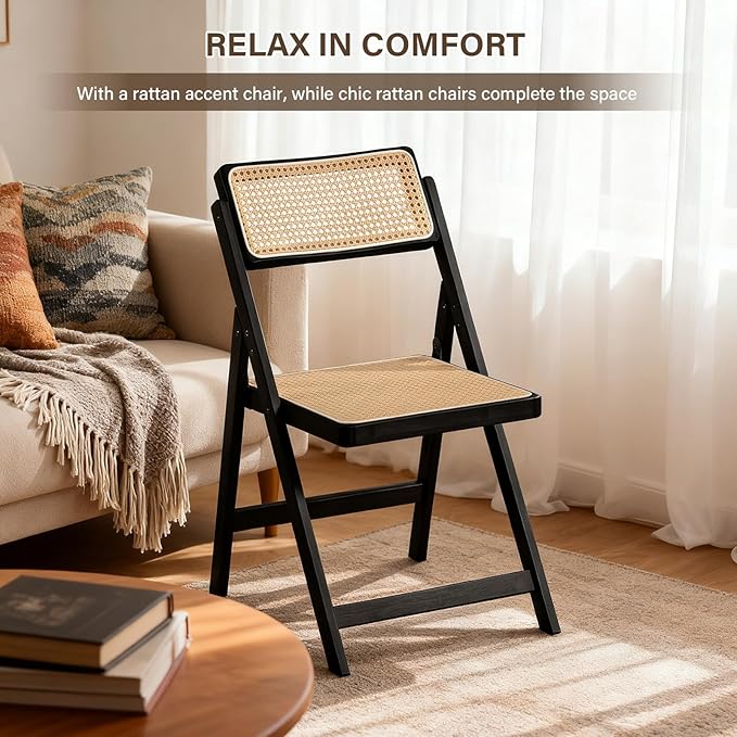 Furlide Rattan Folding Chairs, Modern Mid Century Dining Chairs Set of 2