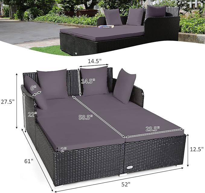 COSTWAY Outdoor Patio Rattan Daybed, Sponge Cushioned Loveseat Sofa