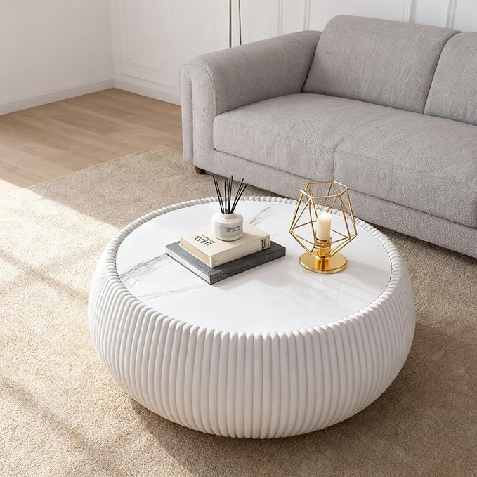 SSLine Round Drum Coffee Table Modern Sintered Stone Top Coffee Table in Cream