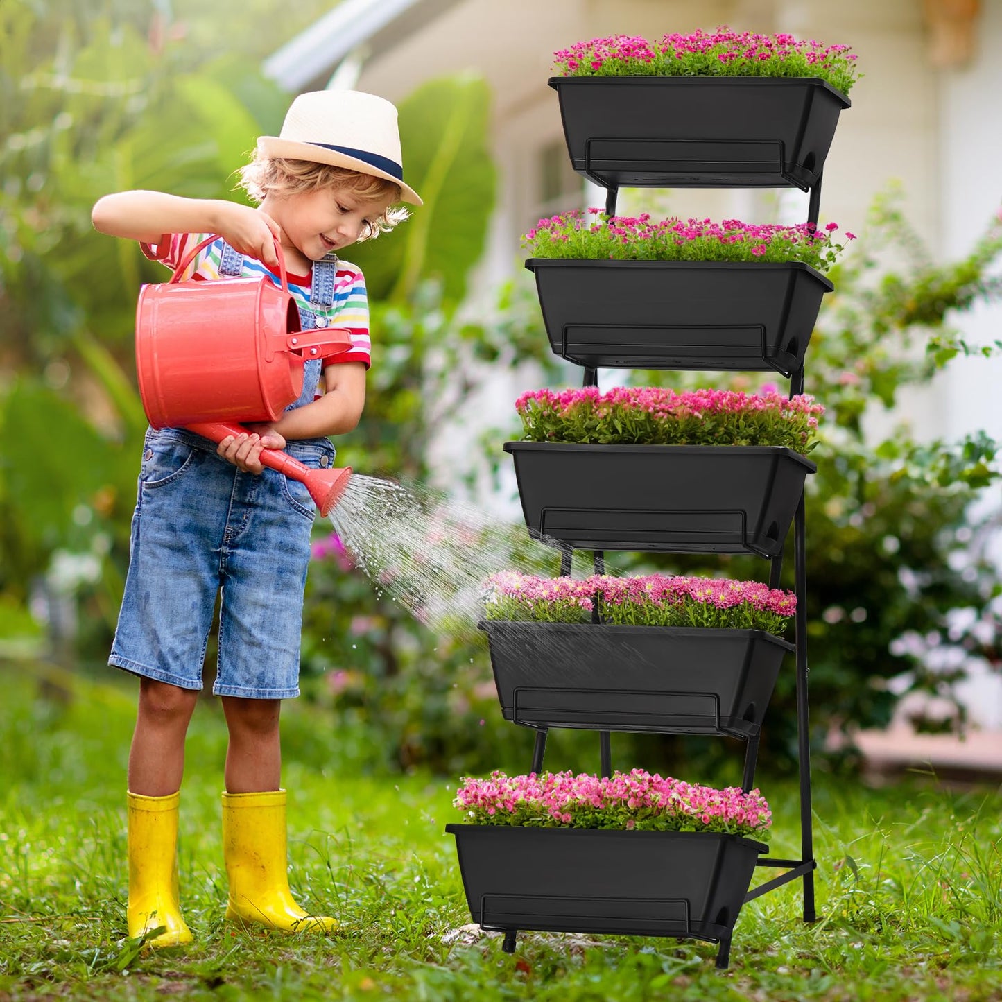 YBING Vertical Garden Planter 5 Tier Raised Garden Bed Outdoor Tiered Herb Garden Planter Standing Vertical Planter Box Flowers Vegetables Planters Black