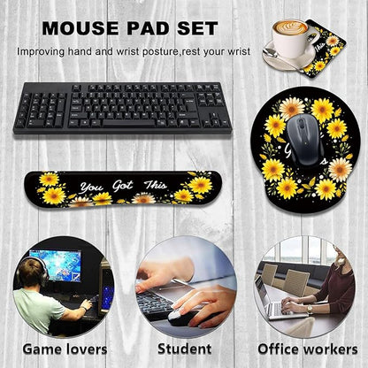 Keyboard Wrist Rest and Mouse Wrist Rest Pad with Cup Coaster,Made of Memory Foam,Ergonomic Support,Easy-Typing and Pain Relief,for Gaming Office Home Computer,You Got This Sunflower