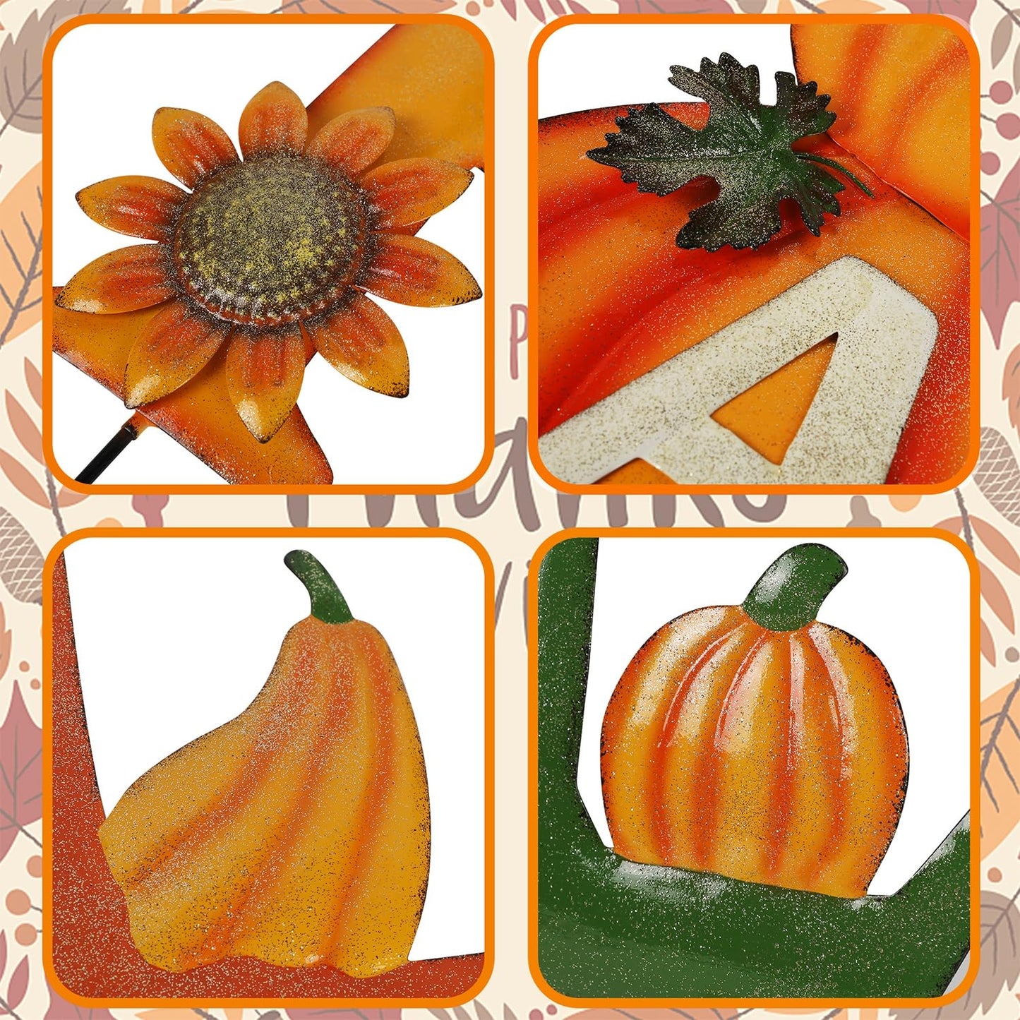 Juegoal 4 Pcs Fall Decorative Garden Stakes, 24 Inch Letter Metal Yard Sign with Pumpkins, Outdoor Art Stake for Thanksgiving Decorations Autumn Harvest Patio Lawn Walkway, Style A
