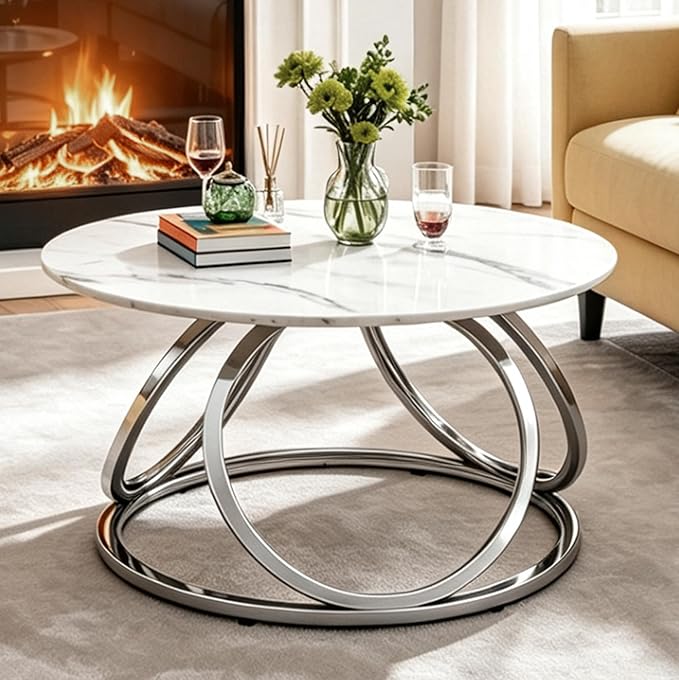 O&K FURNITURE Silver Coffee Table, Round Coffee Table Faux Marble Veins