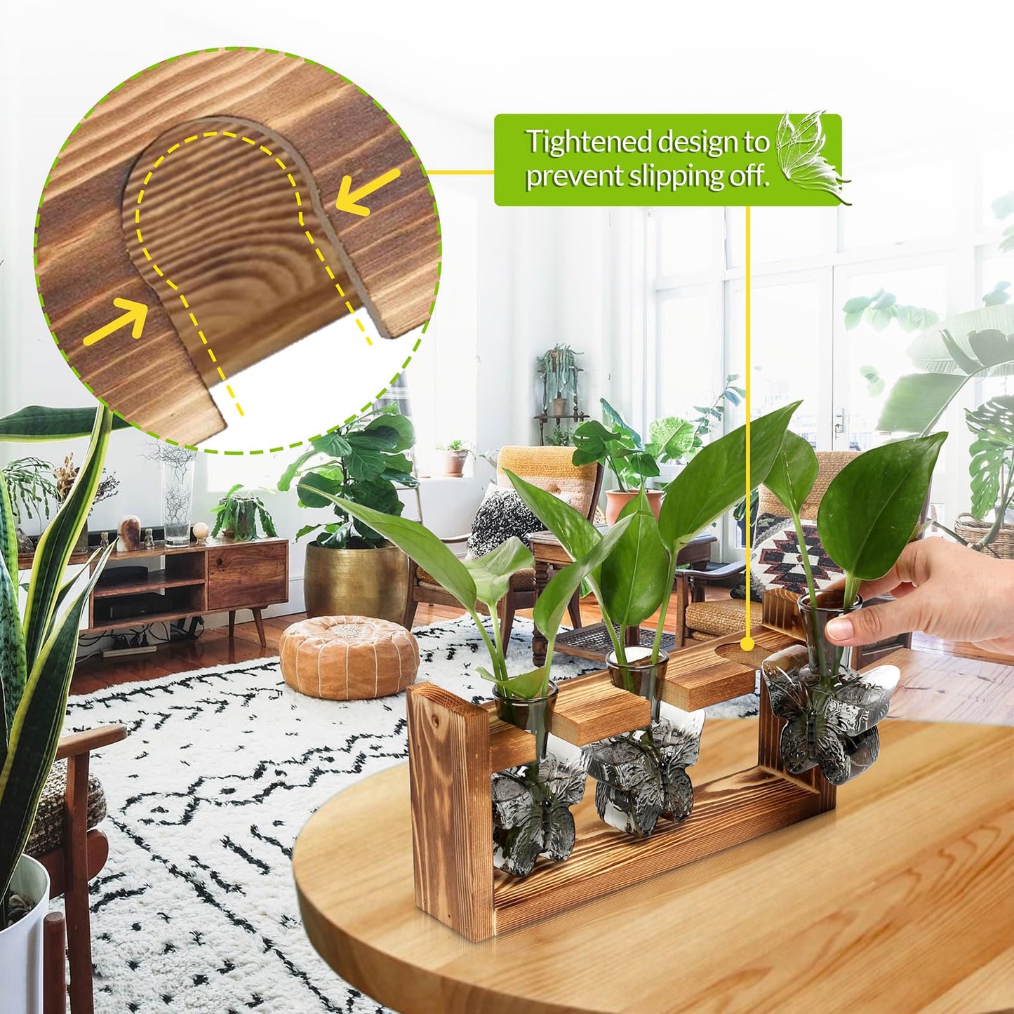 Glass Plant Propagation Station Butterfly Planter Vase with Wooden Stand Birthday Gifts for Women Mom Plant Lovers Office Home Decoration