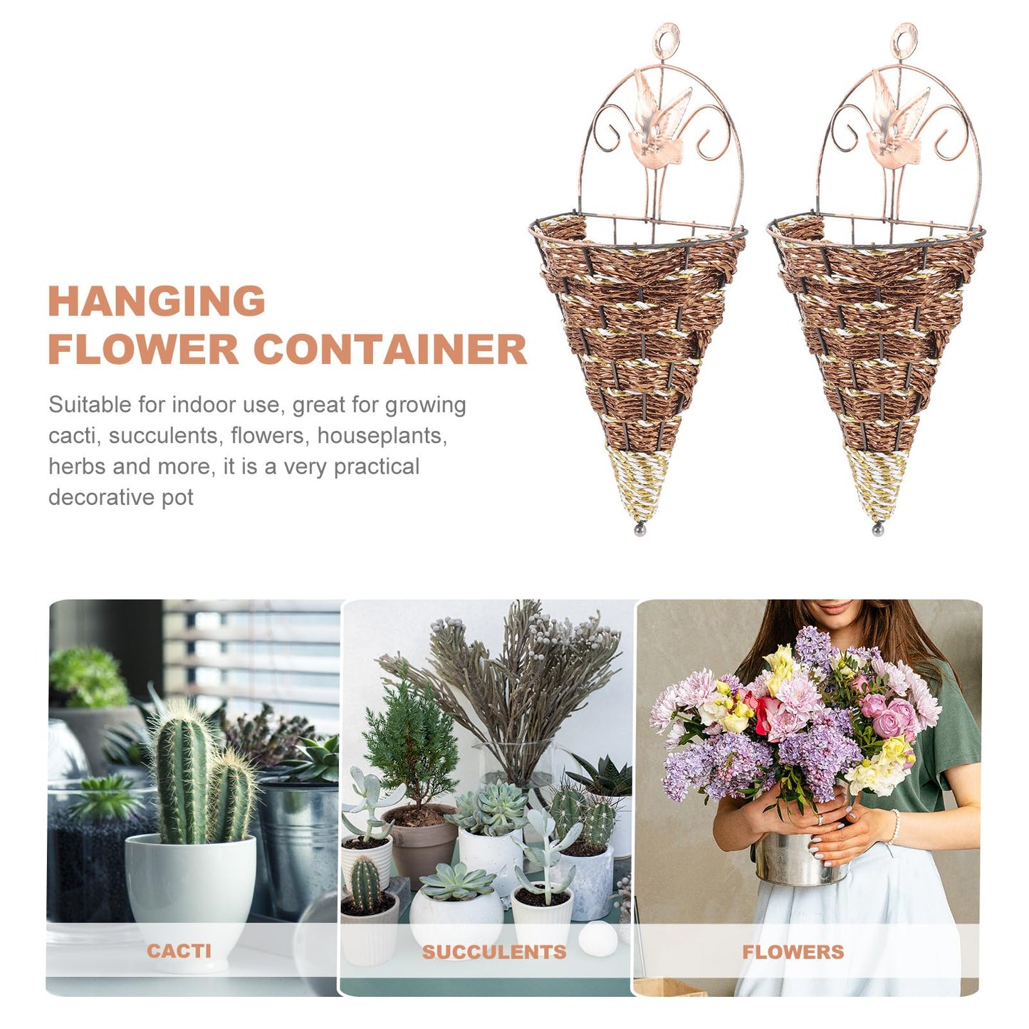 Abaodam 2Pcs Wall Hanging Flower Pots Rattan Planter Basket Set 12.40X5.51X2.75In Space-Saving Wall Mounted Flowerpot Decor for Indoor Outdoor Garden Patio