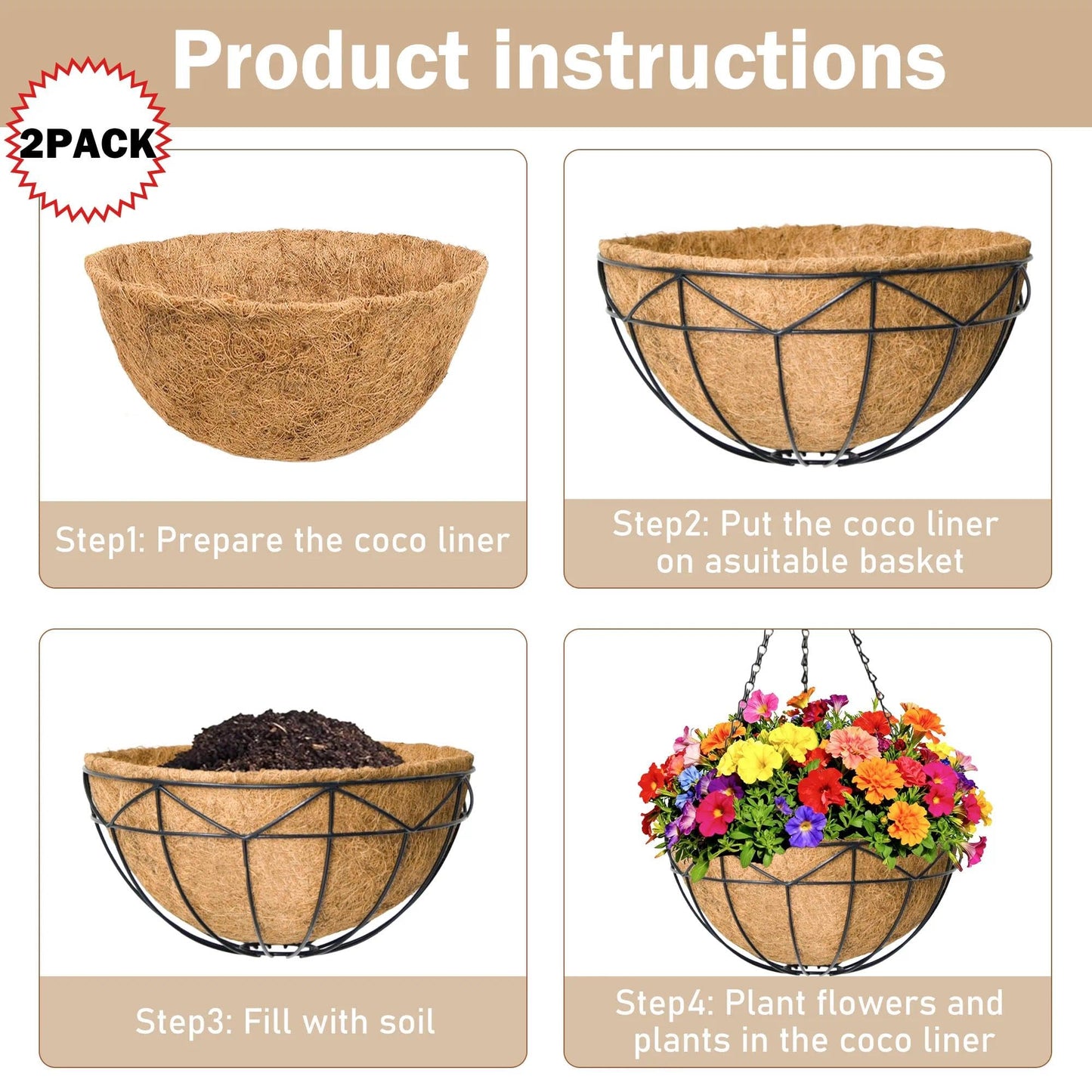 KIDYBELL Hanging Baskets for Outdoor Plants (12 inch 2 Pack) Black Metal Wire Flower Basket Coconut Coir Hanging Planters with Chain Indoor Plant Holder for Patio Garden Balcony