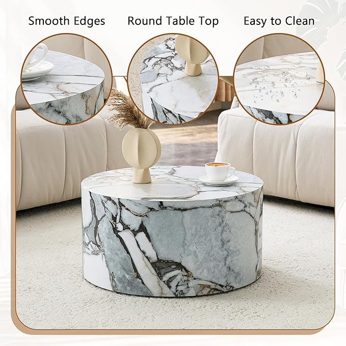 Round Coffee Table, 23.6" Modern Faux Marble Drum Coffee Table, Round Accent