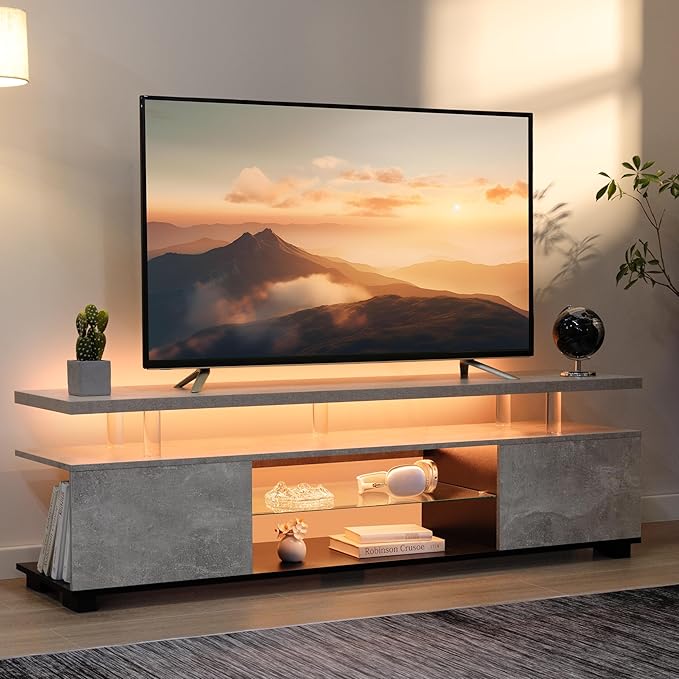 Cubehom Grey TV Stands for Living Room, Glass TV Stand, LED TV Stand for 75+