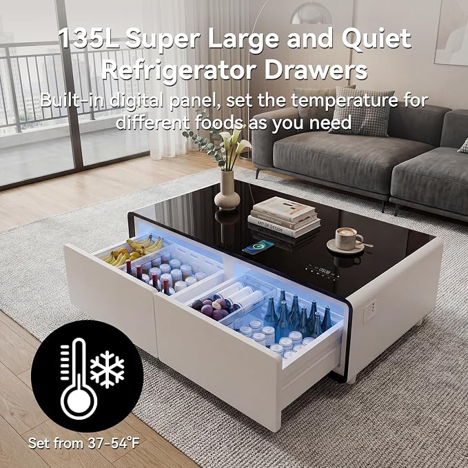 LIVTAB Smart Coffee Table, 27.8" D x 51" W x 18.1" H, Living Room Table with Built in Fridge and Speakers, Smart Table with 15W Wireless Charging, USB Chargers and 110V Outlets (White)