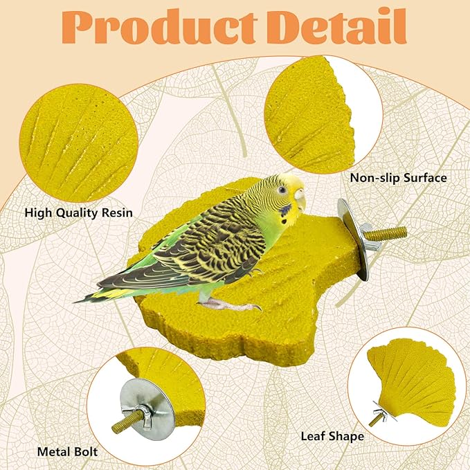 3 Pcs Parrot Perch Resin Bird Beak Grinding Stone Leaf Shape Perch Stand Foot Clawing Trimmer Bird Cage Accessories for Cockatiels Conures Budgies Lovebirds (Yellow)
