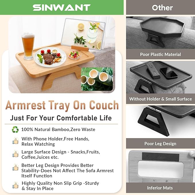 SINWANT Couch Arm Tray, Bamboo Sofa Clip on Side Table, Foldable Couch Armrest