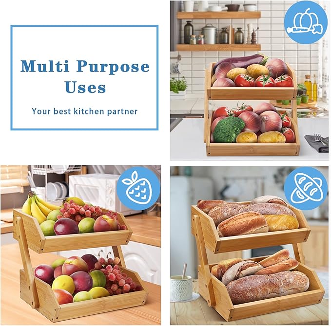 Merysen 2 Tier Fruit Basket For Kitchen- Bamboo Fruit and Vegetable Storage