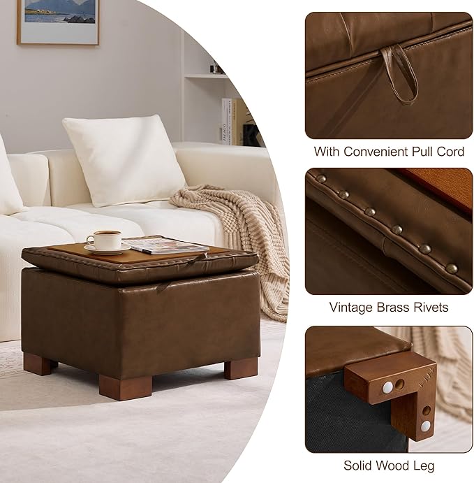 WUTUTUEE 24" Faux Leather Square Storage Ottoman