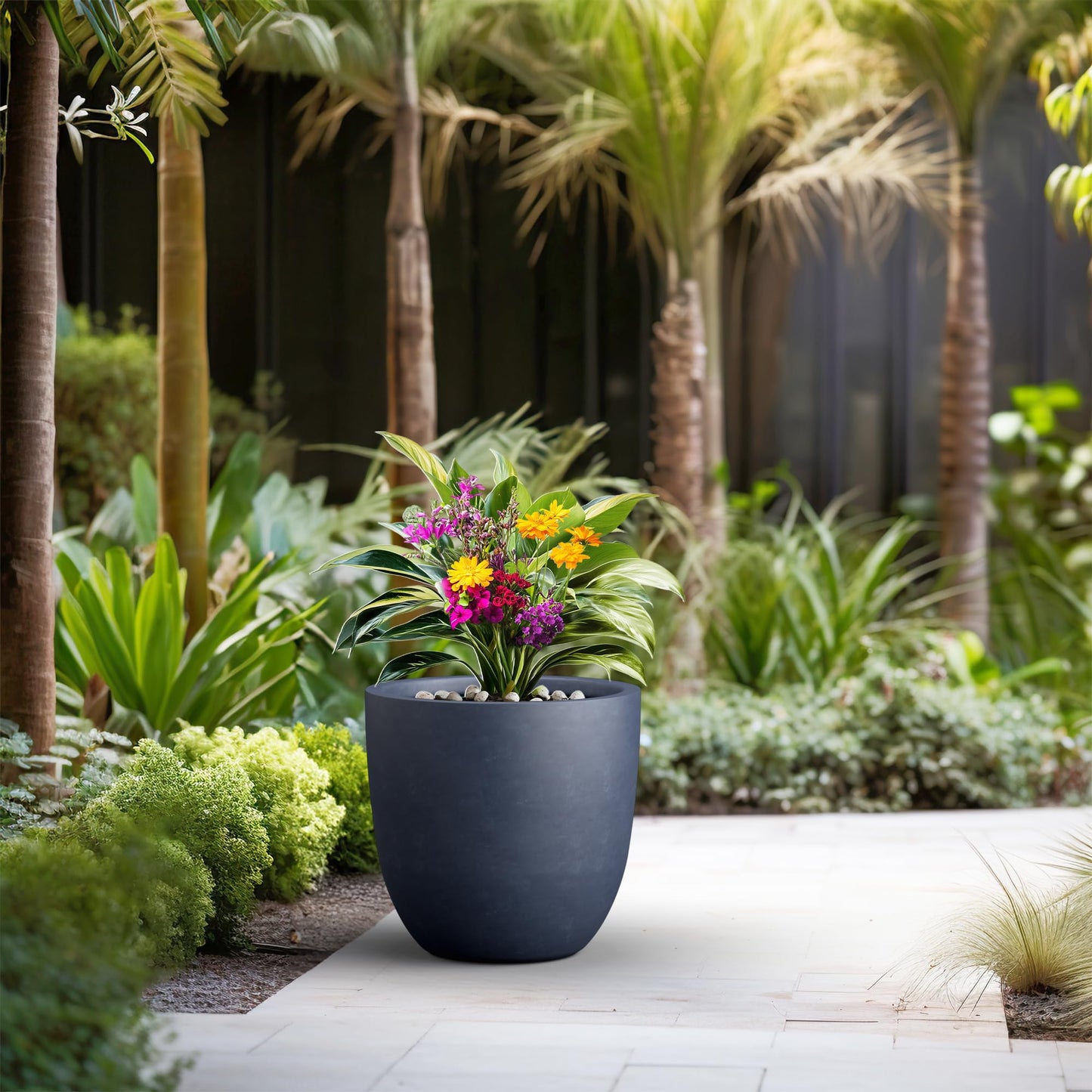 Kante 18 Inch Dia Round Concrete Planter, Indoor Outdoor Large Plant Pot with Drainage Hole and Rubber Plug for Home Patio Garden, Charcoal