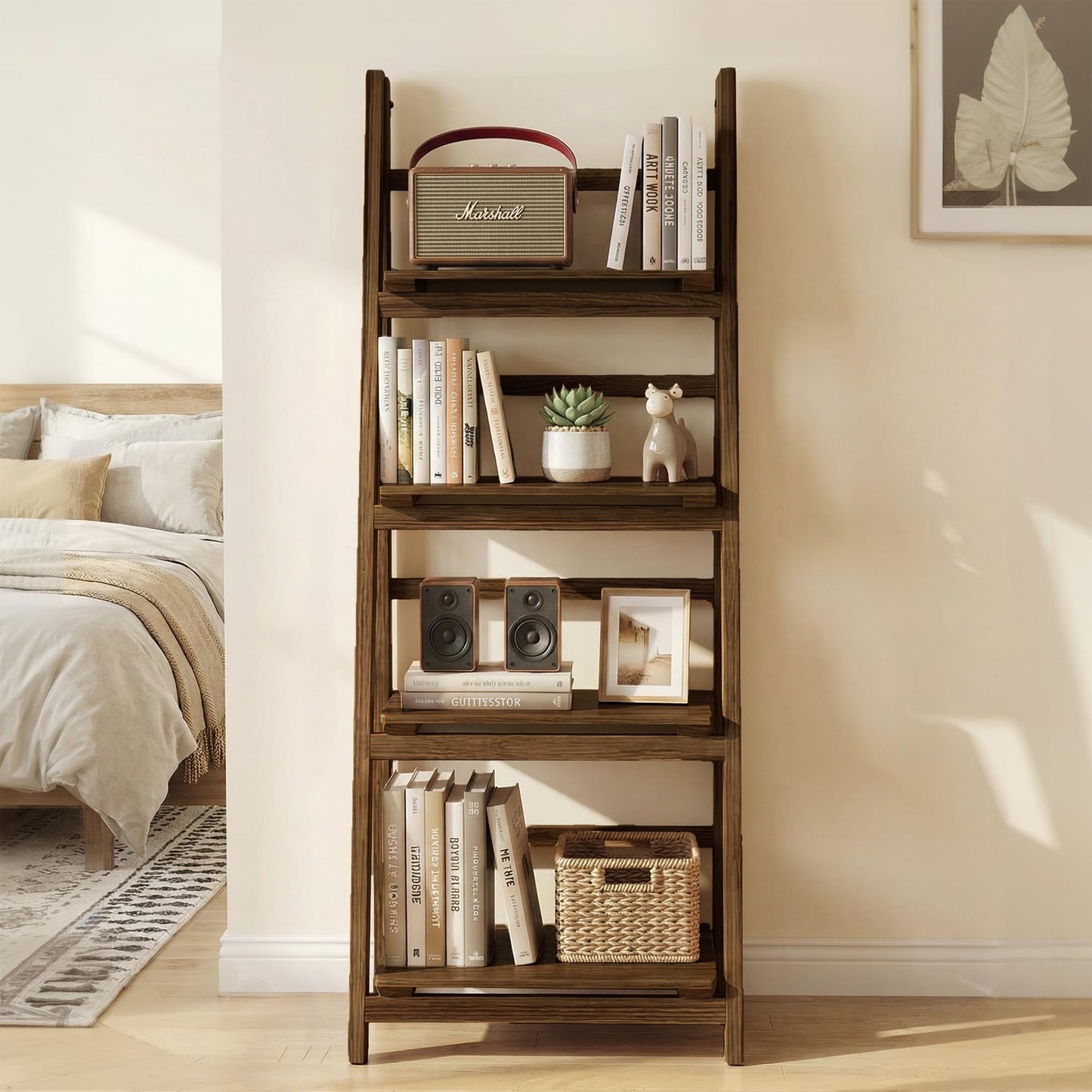 Mugovelo Ladder Shelves - Folding Wooden Ladder Bookshelf, 4-Tier Retro Plant Stand Storage Shelves for Home Living Room, Brown