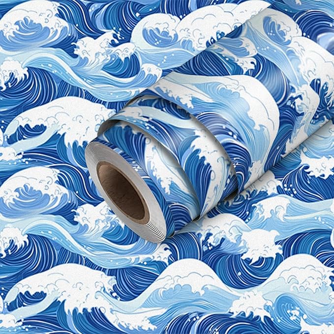 HOMETITUTE Ocean Blue Wave Pattern Wallpaper Peel and Stick Self Adhesive Vinyl