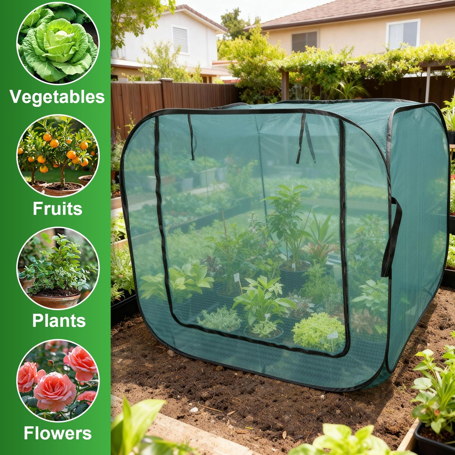 RGQSUN 1Pcs 47 x 47 x 43in Pop-up Garden Mesh Plant Cover,Large Pest Guard Cover,Plant Gardening Net Cover with Zip and Stakes for Protecting Vegetable Fruits Plant from Birds Insects