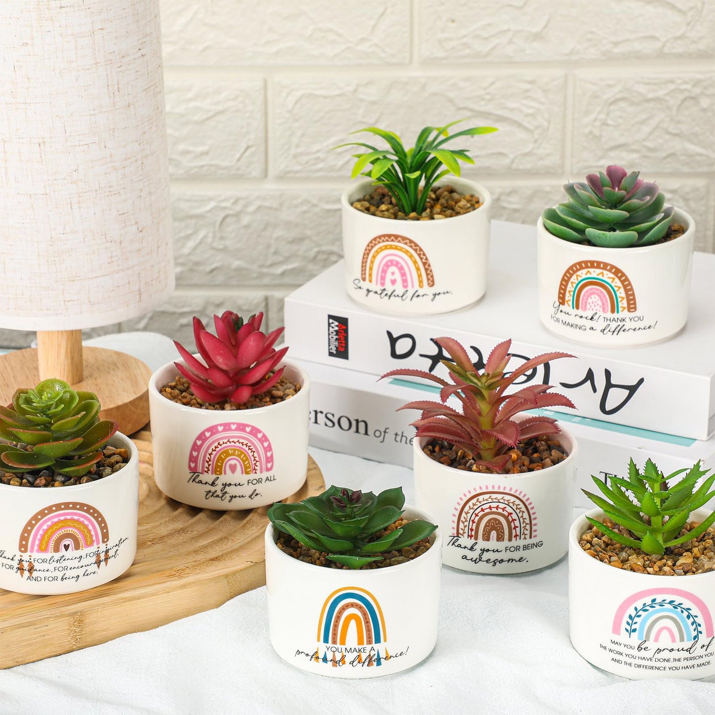 Tioncy 9 Pcs Thank You Rainbow Succulent Pots with Artificial Plants for Coworker Gifts Employee Appreciation Gift Ceramic Funny Rainbow Pots for Coworker Planter Teacher Volunteer Nurse Birthday Gift
