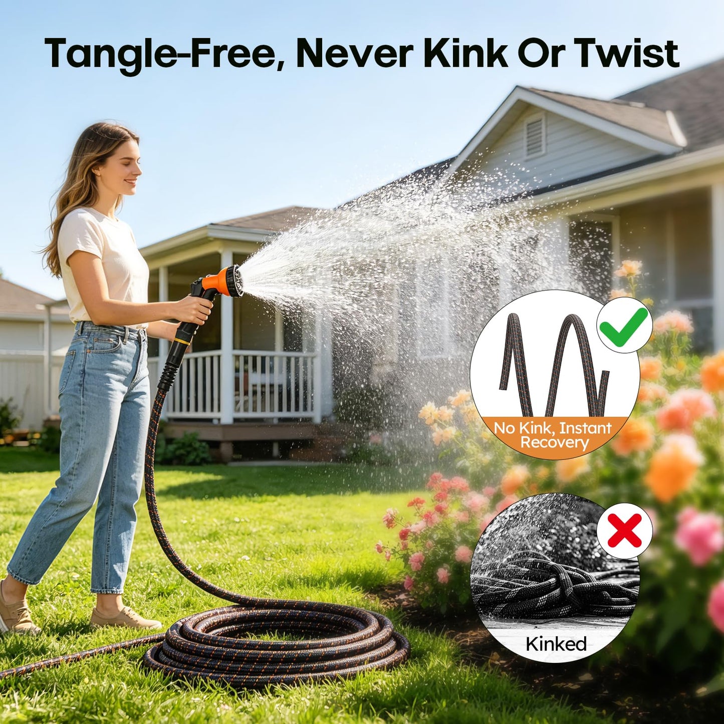 Garden Hose, 3/4" Flexible Water Hose Ultra Lightweight, Non-Expandable with 10 Function Nozzle, Kink-Free, Leak-Proof, 360° Swivel, Abrasion Resistant & Easy to Store for Yard Lawn, Outdoor (50ft)
