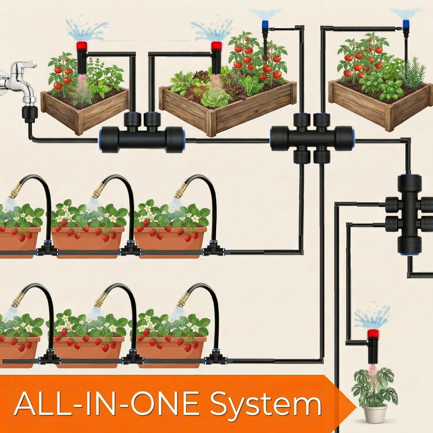 240FT Drip Irrigation System for Garden: 30 Nozzles 1/2" PE Tubing Automatic Watering Kit Adjustable Misting Sprinkler Mister 1/4" Hose for Water Plants Tape Raised Beds Lawn Outdoor Greenhouse