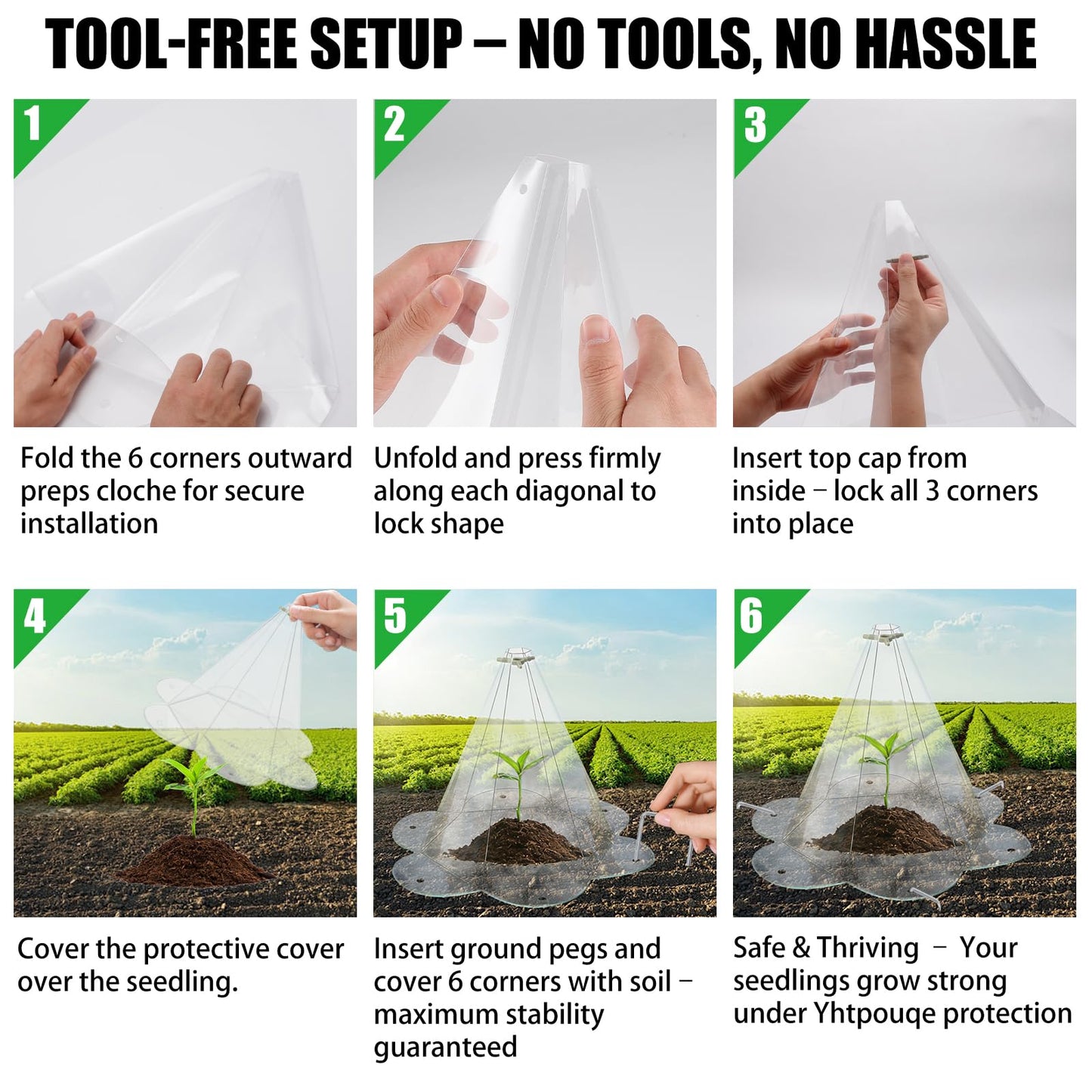 Yhtpouqe 20 Pack Garden Cloches for Plants, Larger Plant Covers Freeze Protection with 40 Ground Securing Pegs, Plant Protectors from Animals for Vegetable, Flower Seedlings, 10.51" H X 10.48" D