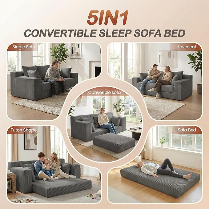 Convertible Sofa Bed, 5 in 1 Small Boneless Couch Pull Out Loveseat Sleeper Sofa
