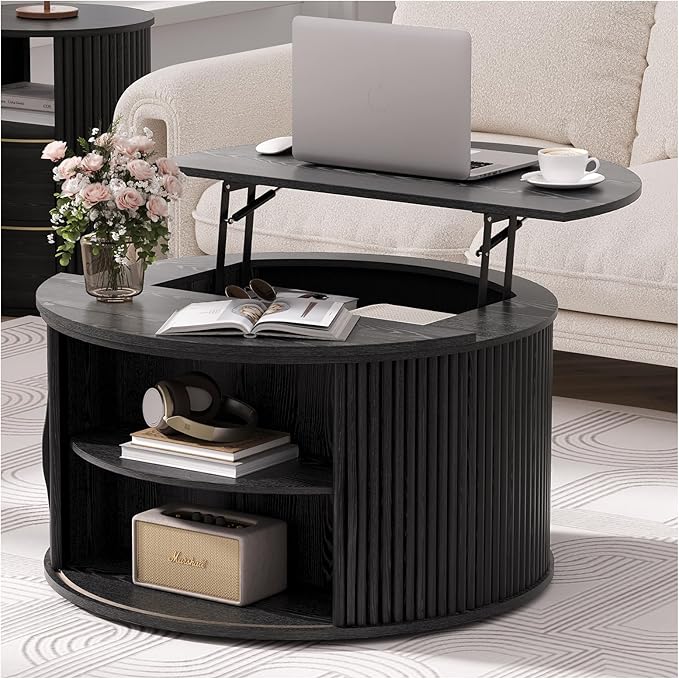 JOINICE 31.5" Black Round Lift Top Coffee Table, Modern Fluted Drum Center Table