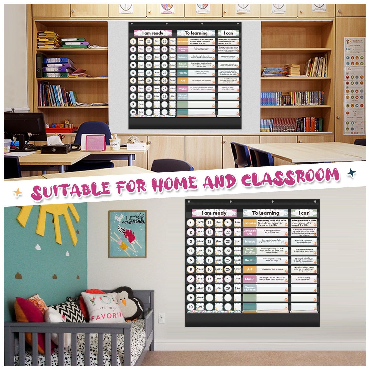 BOHEMIABY Visible Learning Classroom Pocket Chart - Reusable Dry Erase Learning Goals Board, Motivational Incentive Chart for Learning Goals, Behavior Tracking & Centers Rotation, Homeschool(Black)