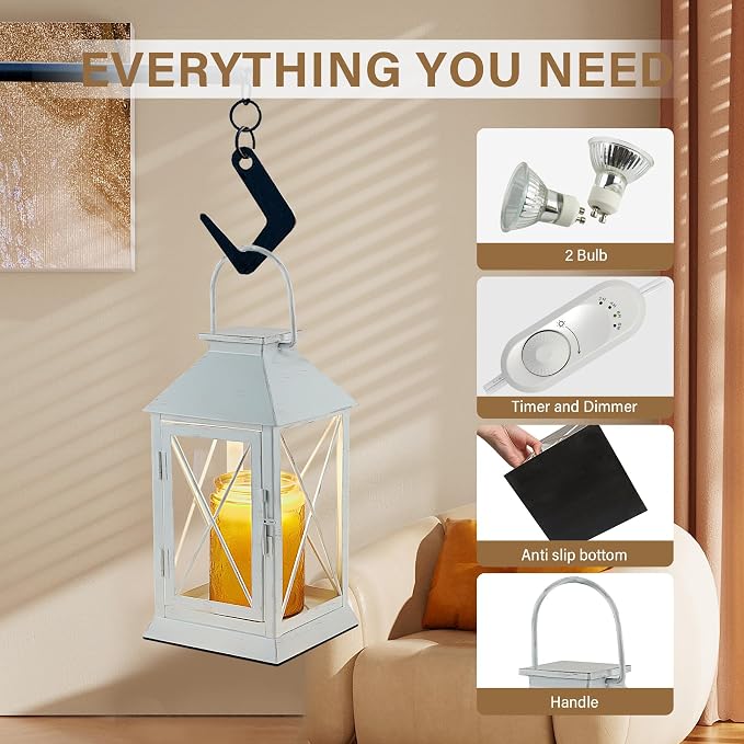 Candle Warmer Lamp with Timer,Cande Warmer Lantern for Jar Candle,Dimmable Candle Lamp Warmer Farmhouse Heat Lamp with 2 Bulbs,Auto Shut Off & Adjustable Brightness-White