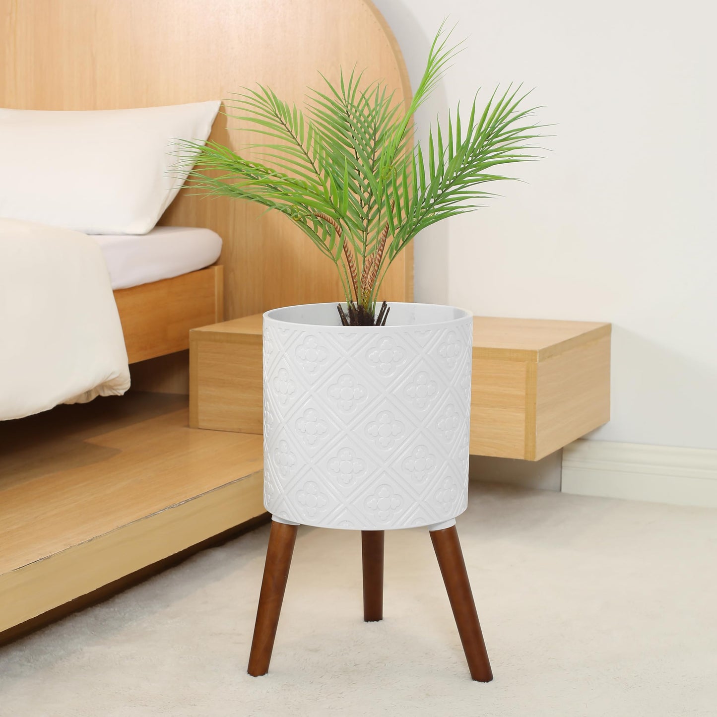 nacltlo 12 Inch Planter with Stand, Planter for Indoor Plants, Modern Large Flower Planter Pot with Drainage Holes for Outdoor,Matte White