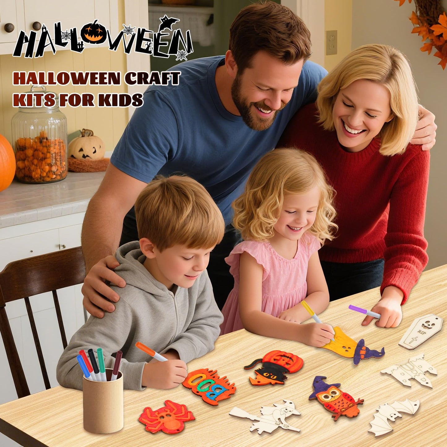 60PCS Halloween Wood Crafts for Kids, Unfinished Wooden Slices Cutouts Ornaments Bulk for Kids to Paint, DIY Halloween Painting Art Craft Activities for Hanging Decorations Gifts Pumpkin