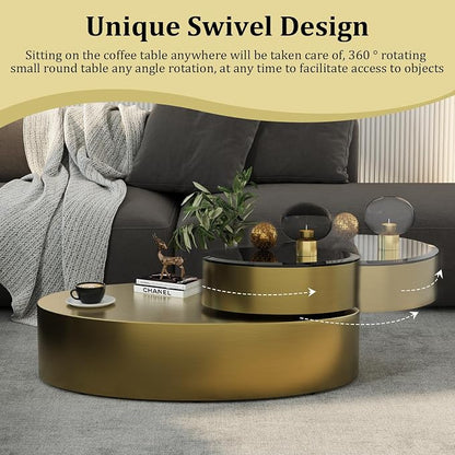 Oval Rotating Coffee Table with Tempered Glass Top, 2-Tier Design & 360° Swivel Base, Brushed Gold Finish - Modern Center Table for Living Room, Office, Apartment