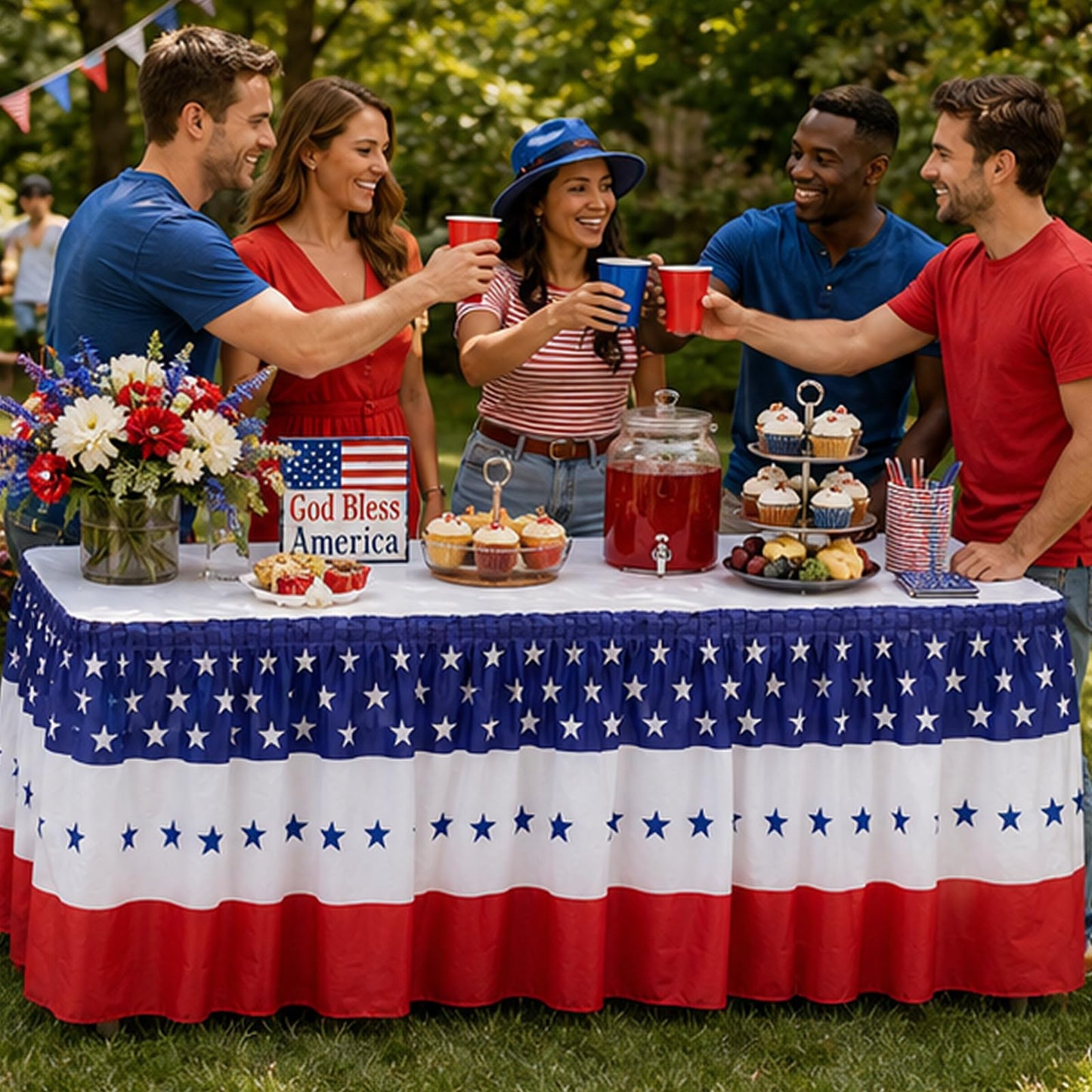 4 Pcs Patriotic 4th of July Table Skirts Disposable Plastic 2.4 x 14.3 Ft 4th of July 250th Anniversary American Star Table Skirt for Independence Day Memorial Day Party Supplies