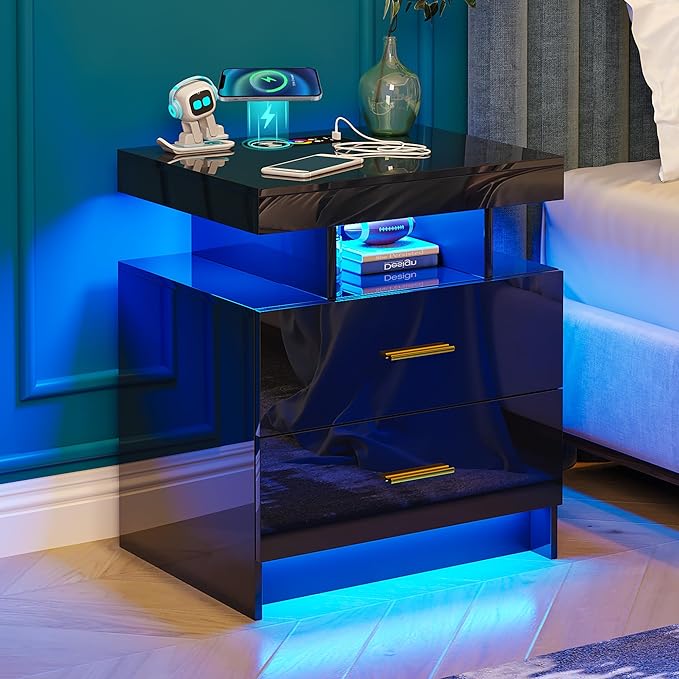 WOOVIVS Night Stand with Light, High Gloss Nightstand with USB/Wireless