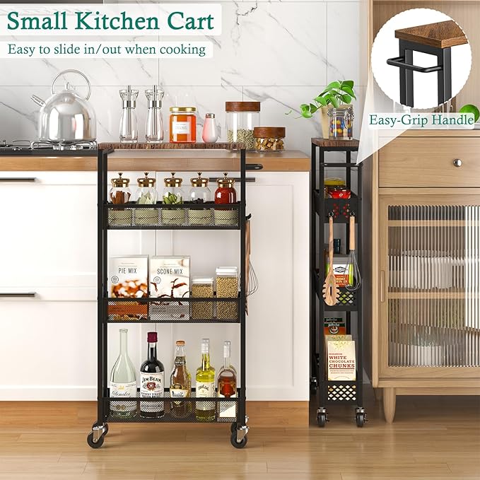 XYZLVSI Slim Storage Cart 4 Tier Narrow Kitchen Rolling Cart on Wheels