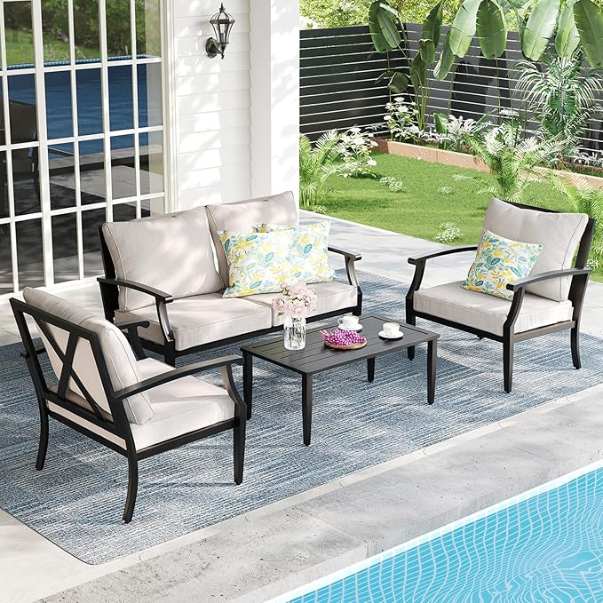 4 Piece Outdoor Patio Furniture Set, Oversized Metal Conversation Set