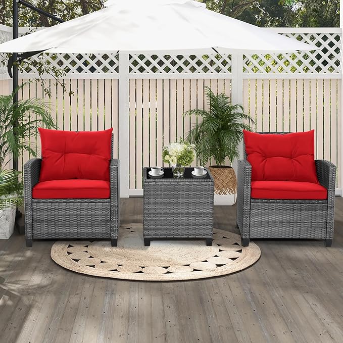 HAPPYGRILL 3 Pieces Patio Conversation Set, Outdoor Furniture Set PE Rattan