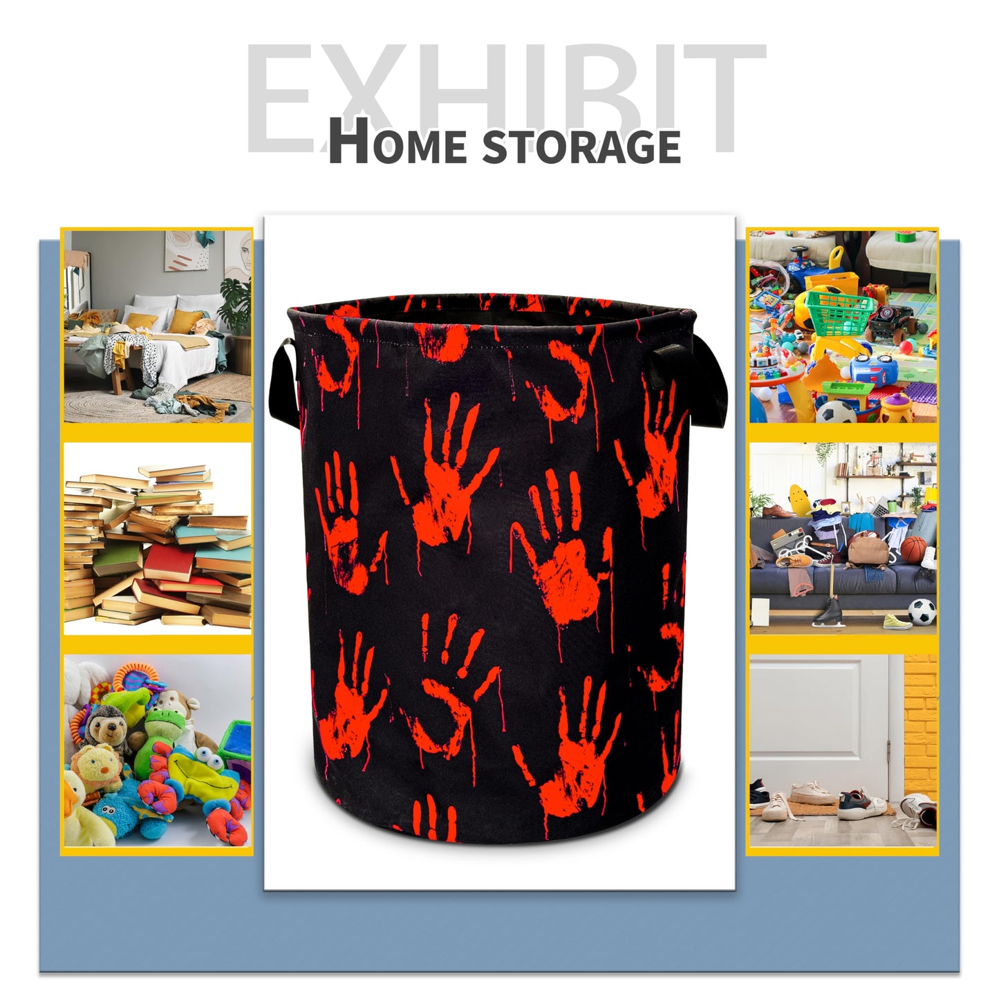 Blood Spatter Hand Print Laundry Basket Blood Drop Pattern Foldable Oxford Cloth Funny Tote Bag Laundry Hamper Clothes Storage Bucket Organizer For Bathroom/Laundry/Bedroom 18.9x16.5in