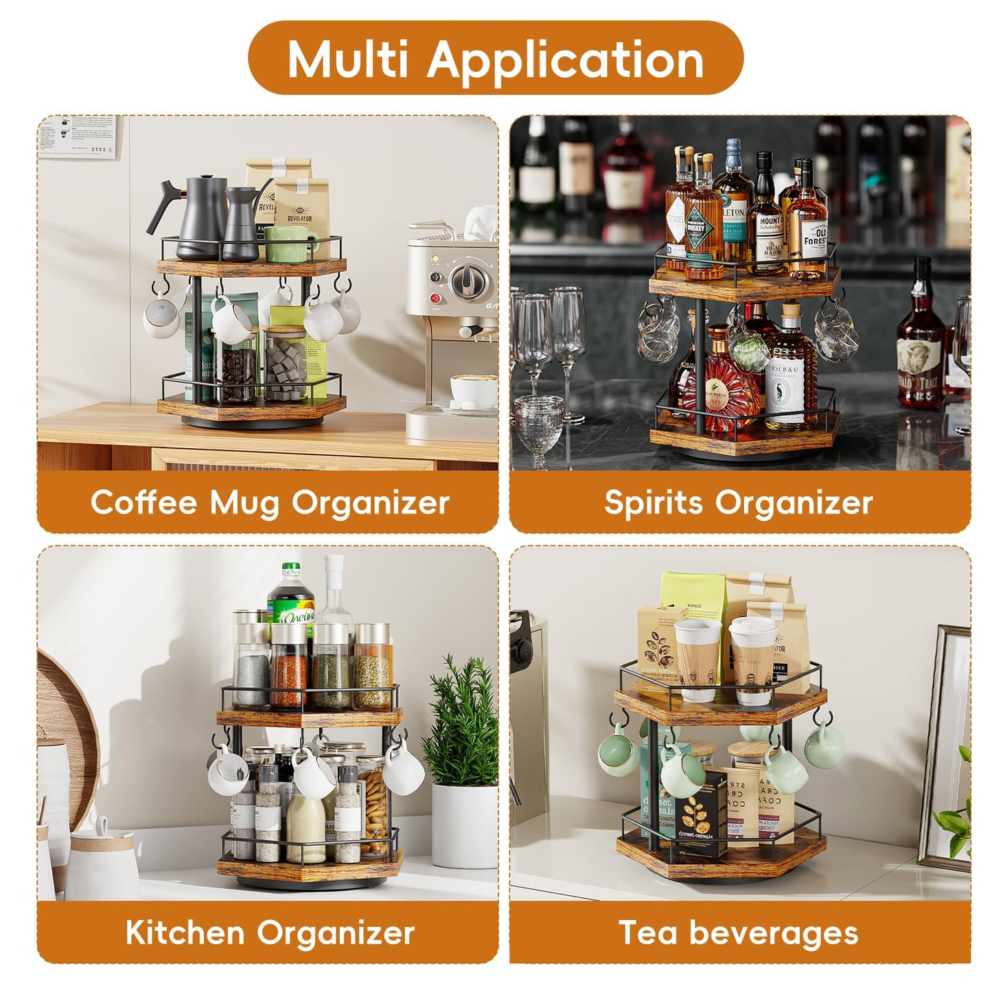 KLM 2 Tier Coffee Bar Organizer Countertop Station Shelf for Home Office, Multi-Functional Coffee Mug Cup Holder Stand, Accessory Storage Rack with 6 Hooks, 360° Rotated Coffee Cup Holder for Counter