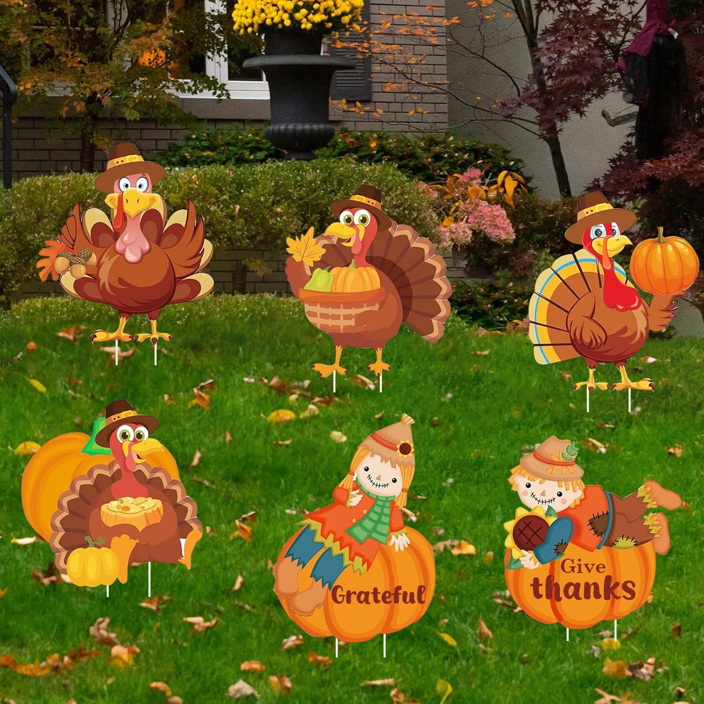 Thanksgiving Yard Sign with Stakes, Fall Scarecrow Pumpkin Turkey Outdoor Decorations Harvest Lawn Signs for Autumn Home Outside Decor