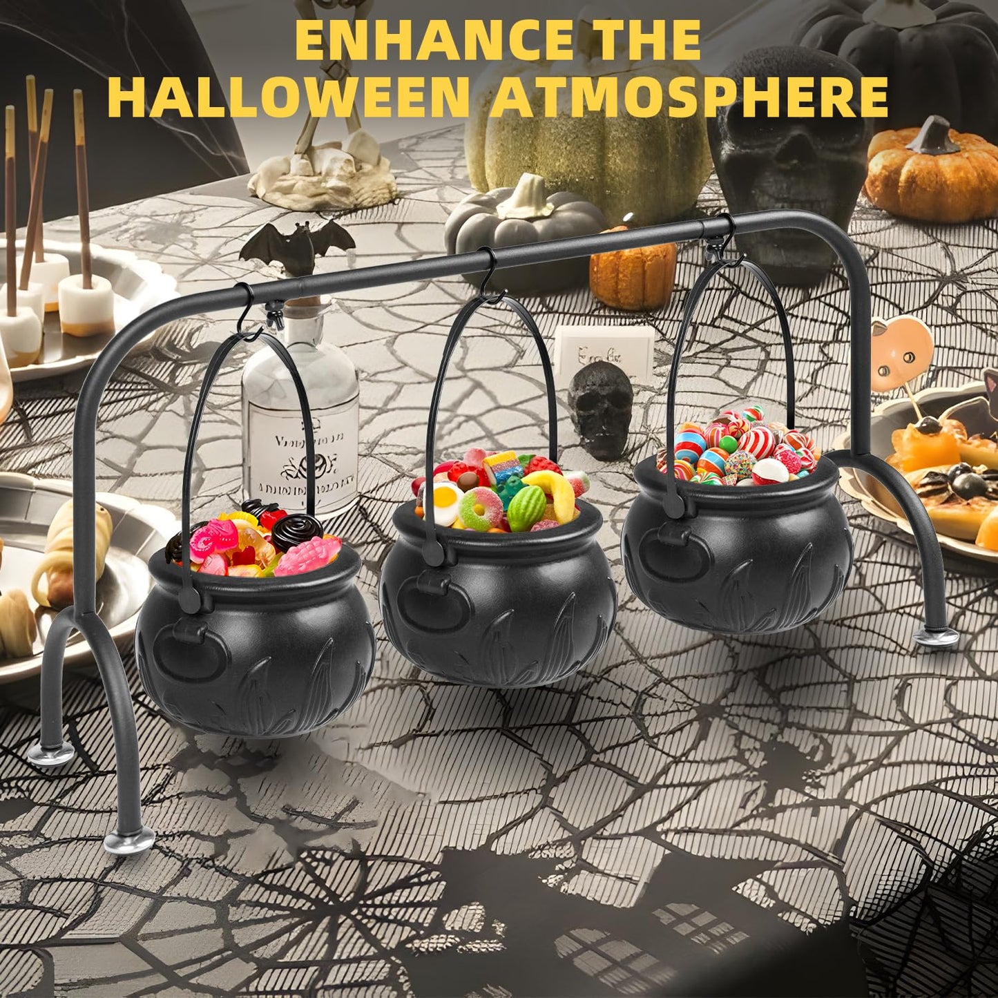 inin Halloween Party Decorations Indoor,Set of 3 Witches Cauldron Candy Serving Bowls With Rack, Easter Candy for Kids, Halloween Party Supplies,Black Plastic Candy Cauldron for Table Decor